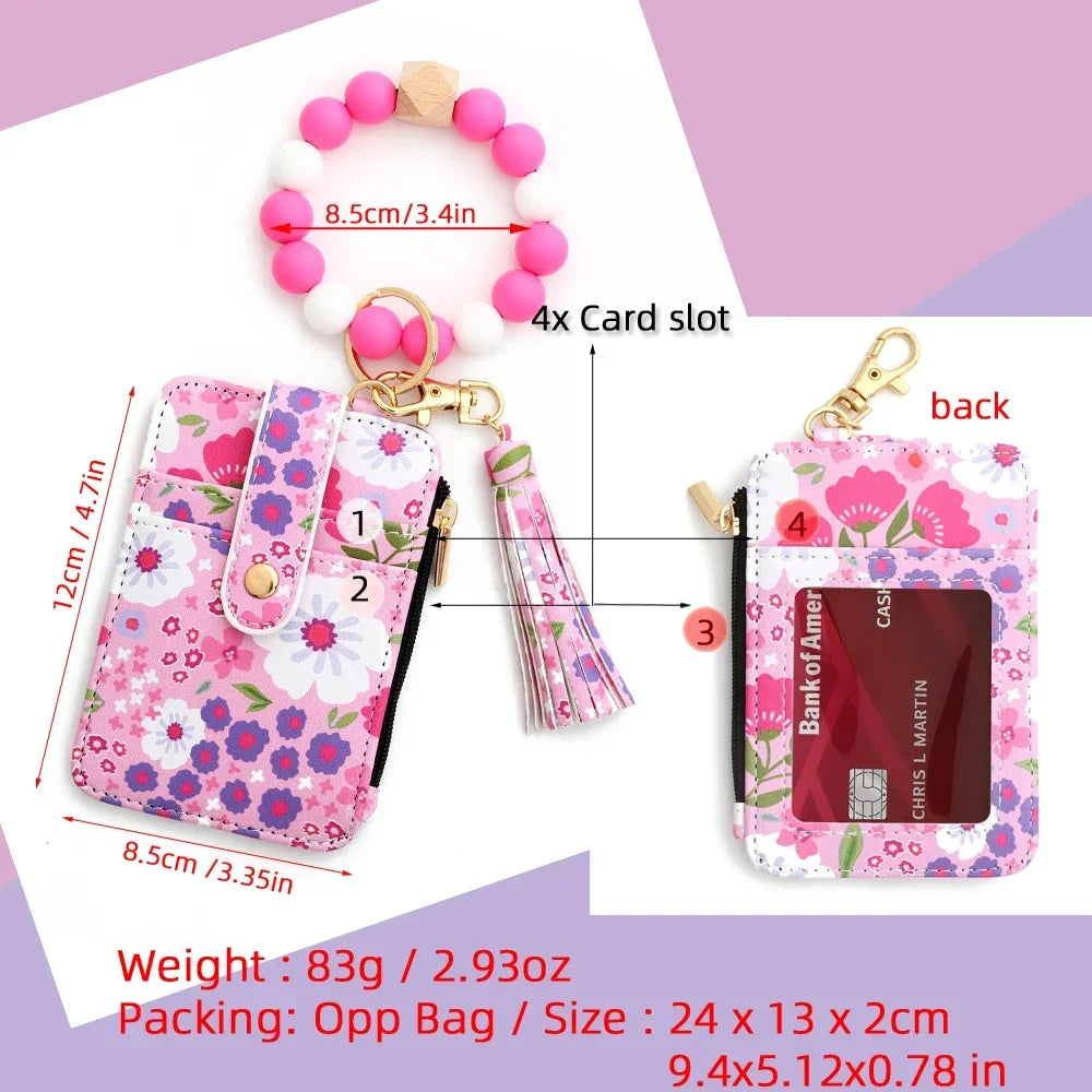 Boho Beaded Wallet Silicone Bead Bracelet Leather Card Bag Wristlet Keychain Wallet Bangle Floret Printed Fragmented ID Holders