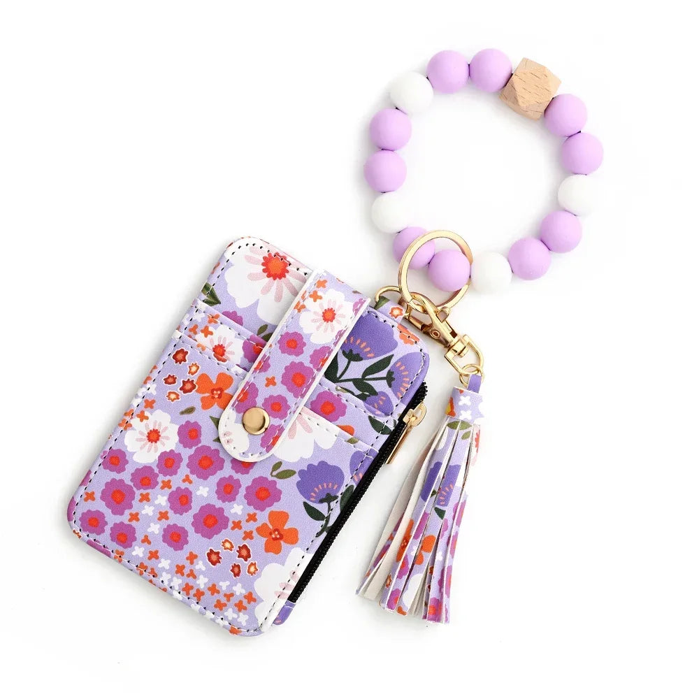 Boho Beaded Wallet Silicone Bead Bracelet Leather Card Bag Wristlet Keychain Wallet Bangle Floret Printed Fragmented ID Holders