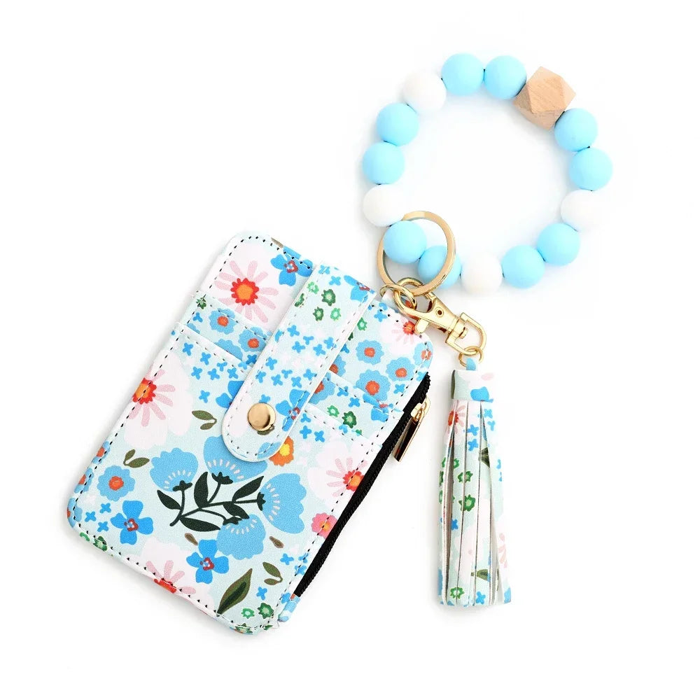Boho Beaded Wallet Silicone Bead Bracelet Leather Card Bag Wristlet Keychain Wallet Bangle Floret Printed Fragmented ID Holders