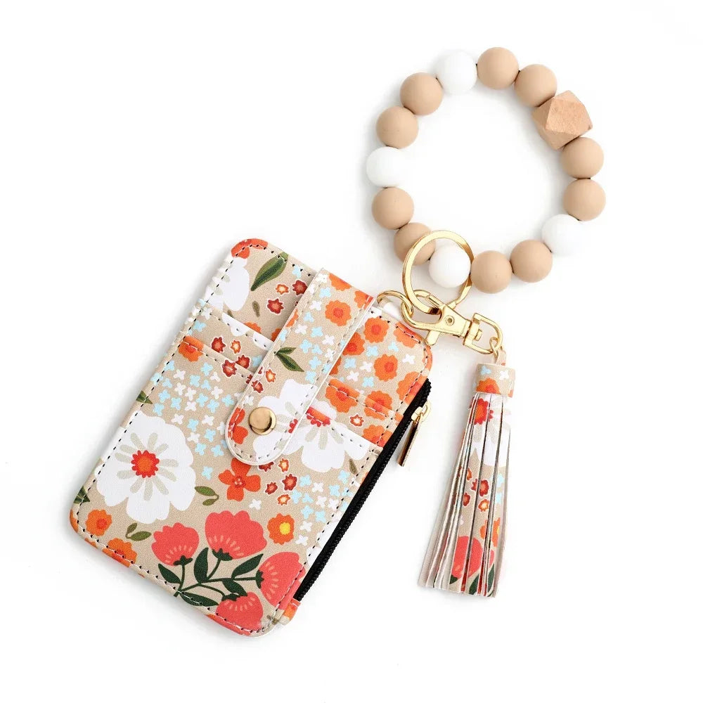 Boho Beaded Wallet Silicone Bead Bracelet Leather Card Bag Wristlet Keychain Wallet Bangle Floret Printed Fragmented ID Holders