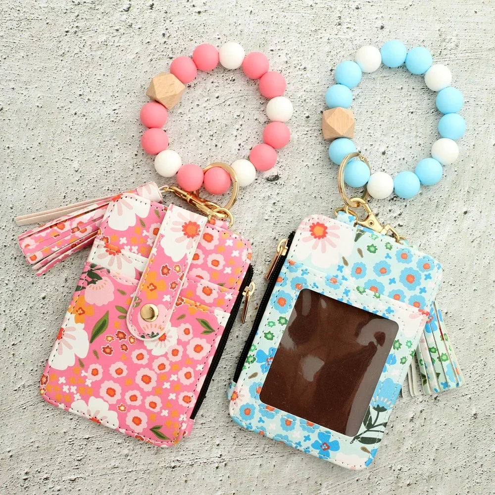 Boho Beaded Wallet Silicone Bead Bracelet Leather Card Bag Wristlet Keychain Wallet Bangle Floret Printed Fragmented ID Holders