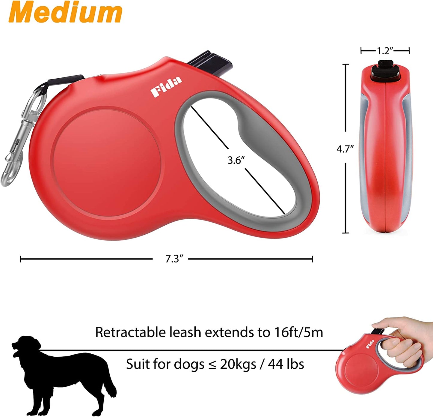 16 Ft Retractable Dog Leash with Dispenser and Poop Bags for Medium Dogs and Cats up to 44 lbs, Anti-Slip Handle, Tangle-Free Design, Reflective Nylon Tape (Medium, Red)