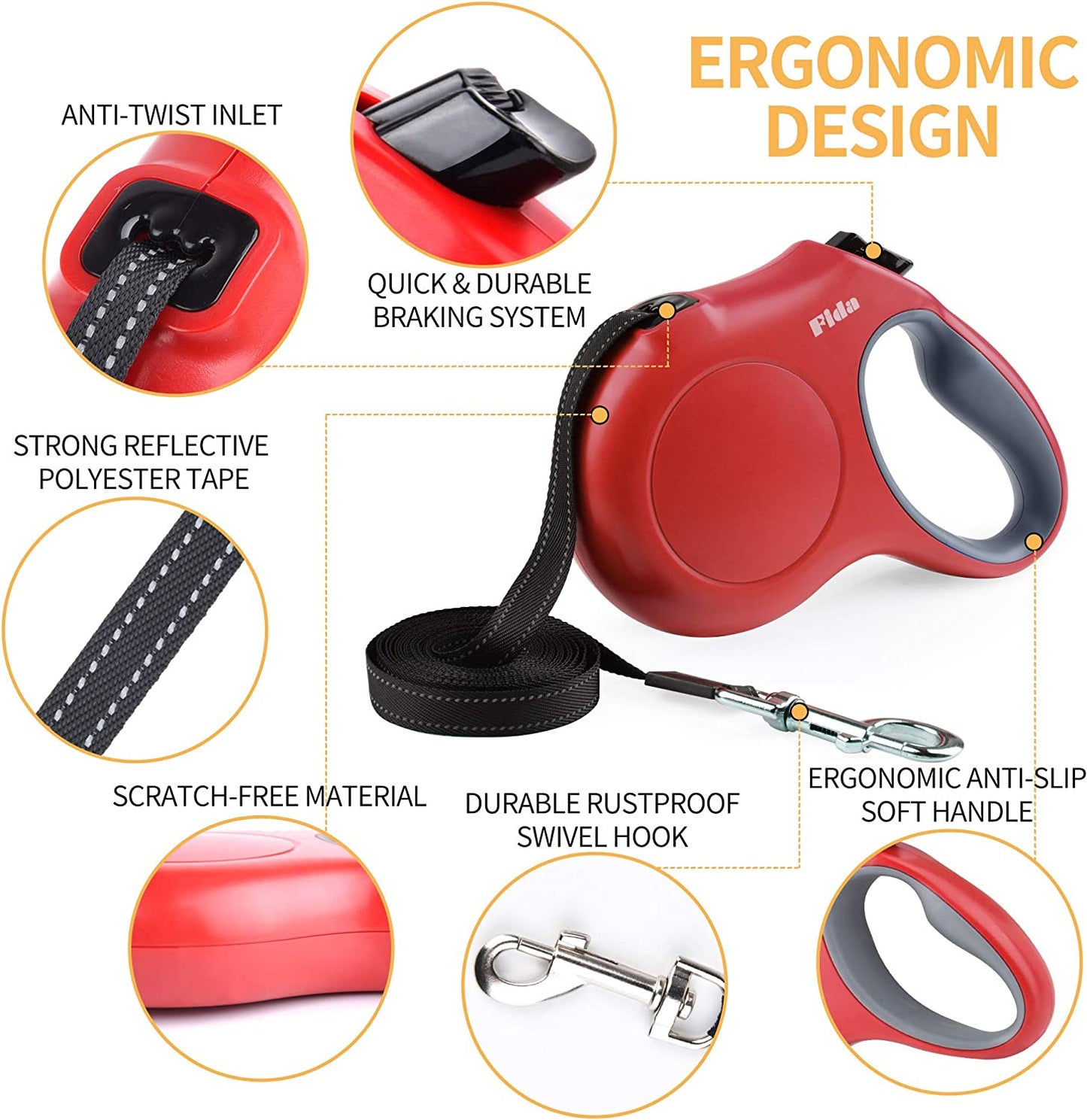 16 Ft Retractable Dog Leash with Dispenser and Poop Bags for Medium Dogs and Cats up to 44 lbs, Anti-Slip Handle, Tangle-Free Design, Reflective Nylon Tape (Medium, Red)