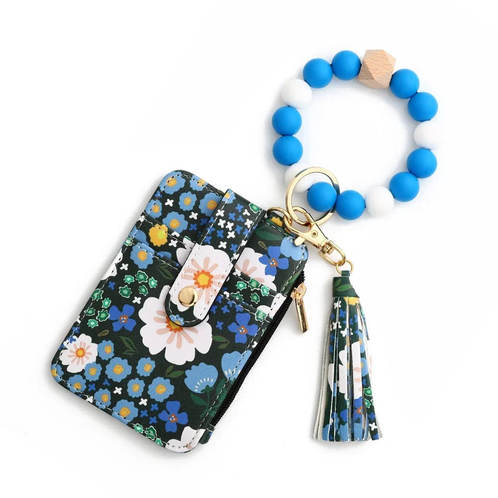 Boho Beaded Wallet Silicone Bead Bracelet Leather Card Bag Wristlet Keychain Wallet Bangle Floret Printed Fragmented ID Holders