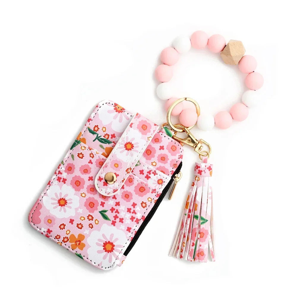 Boho Beaded Wallet Silicone Bead Bracelet Leather Card Bag Wristlet Keychain Wallet Bangle Floret Printed Fragmented ID Holders