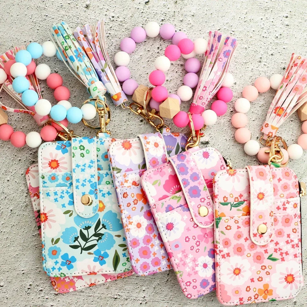 Boho Beaded Wallet Silicone Bead Bracelet Leather Card Bag Wristlet Keychain Wallet Bangle Floret Printed Fragmented ID Holders
