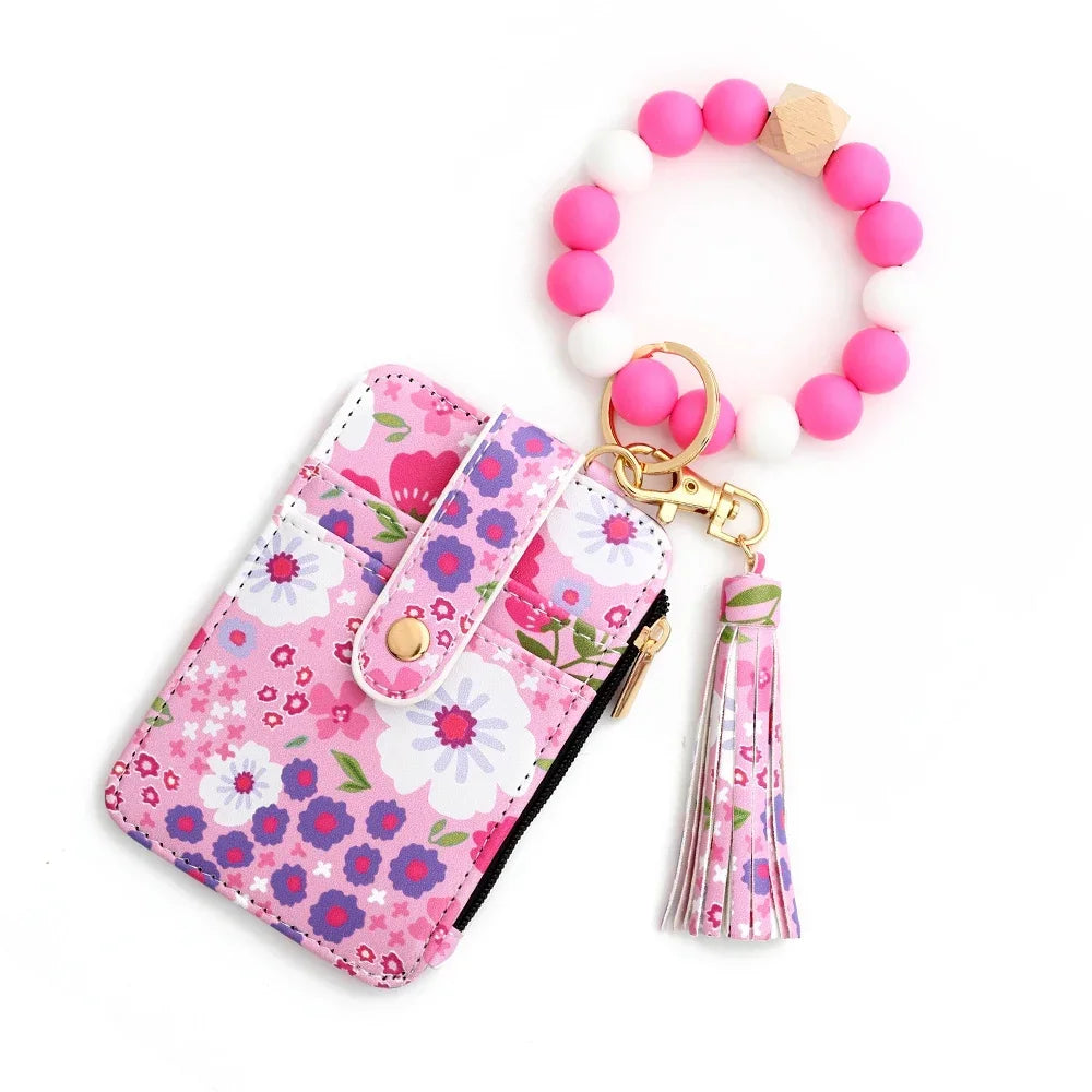 Boho Beaded Wallet Silicone Bead Bracelet Leather Card Bag Wristlet Keychain Wallet Bangle Floret Printed Fragmented ID Holders