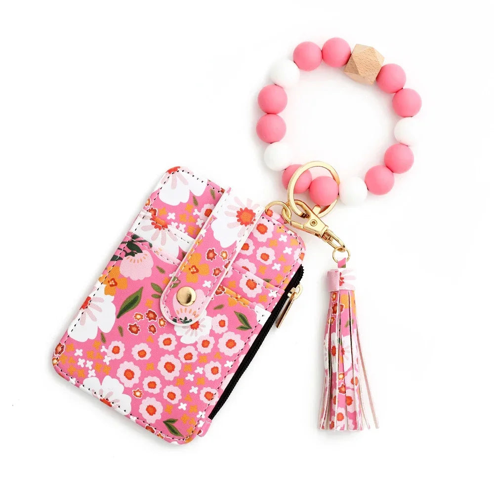 Boho Beaded Wallet Silicone Bead Bracelet Leather Card Bag Wristlet Keychain Wallet Bangle Floret Printed Fragmented ID Holders