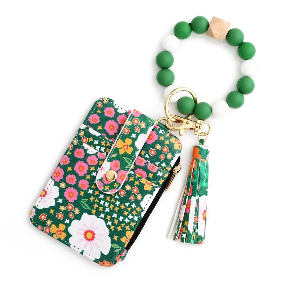 Boho Beaded Wallet Silicone Bead Bracelet Leather Card Bag Wristlet Keychain Wallet Bangle Floret Printed Fragmented ID Holders