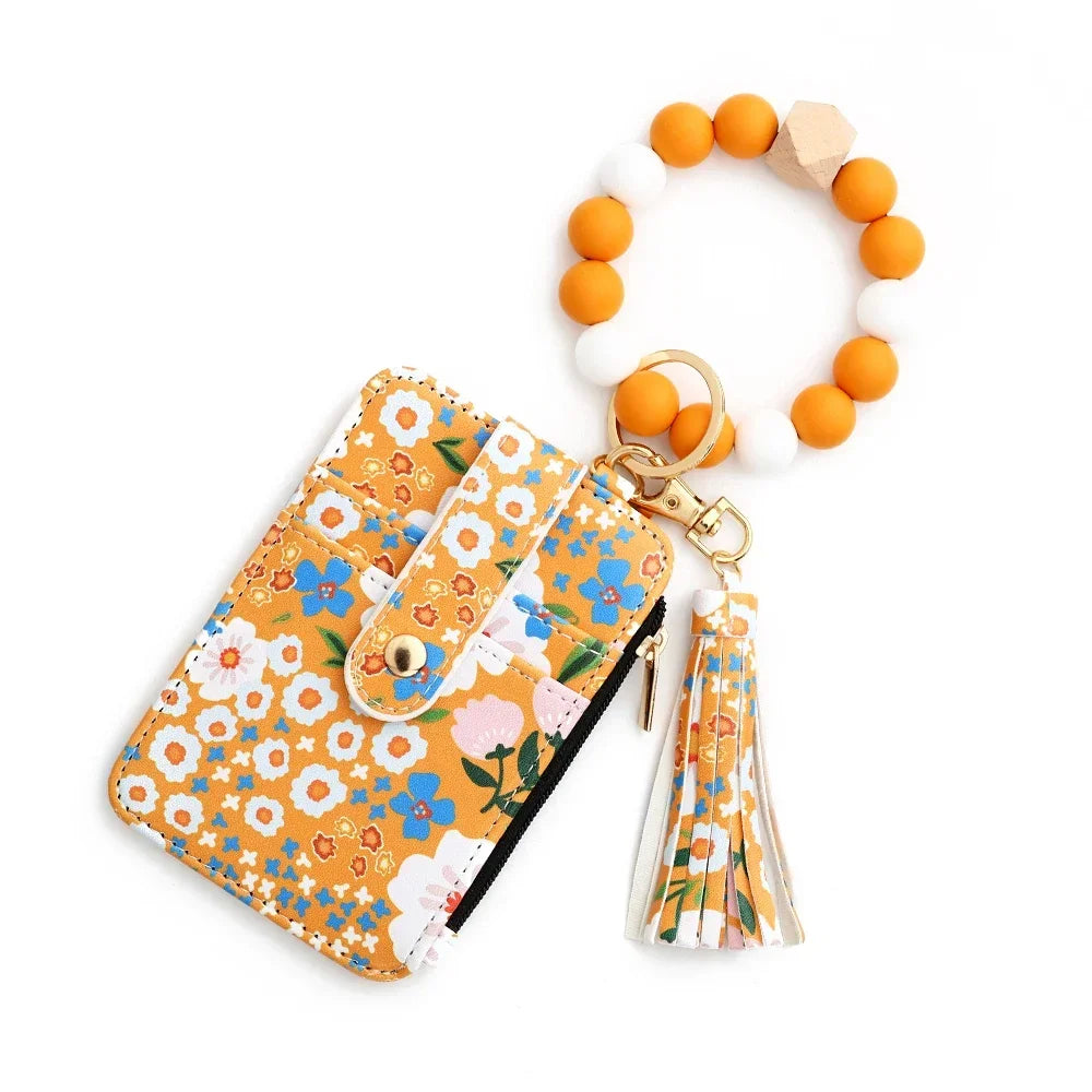 Boho Beaded Wallet Silicone Bead Bracelet Leather Card Bag Wristlet Keychain Wallet Bangle Floret Printed Fragmented ID Holders