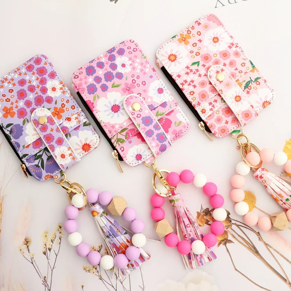 Boho Beaded Wallet Silicone Bead Bracelet Leather Card Bag Wristlet Keychain Wallet Bangle Floret Printed Fragmented ID Holders